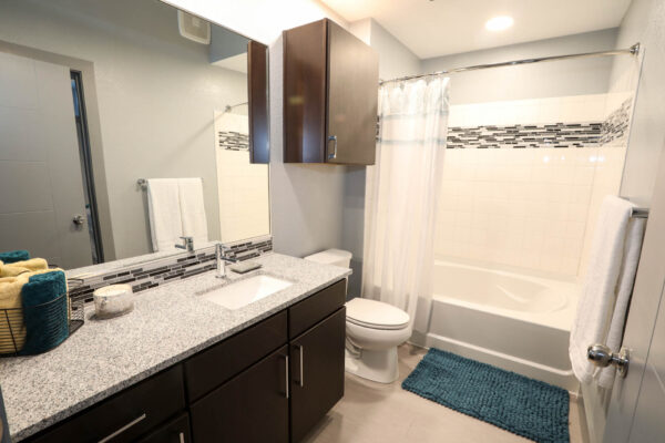 Forum Fitzsimons apartment bathroom with dark cabinets, light counters, large mirror, and tiled shower tub.