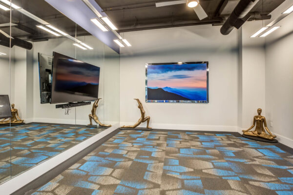 Forum Fitzsimons apartments fitness area with yoga room.
