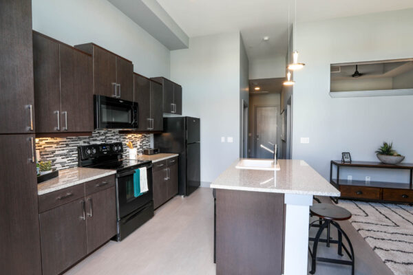 Forum Fitzsimons apartment kitchen with wood style floor and cabinets, light counters, and black appliances.