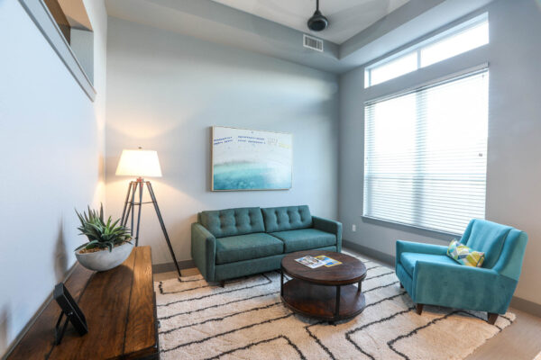 Forum Fitzsimons apartment living area with plush seating, pattern rug, ceiling fan, and large window.