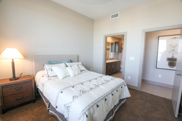 Forum Fitzsimons apartment bedroom with carpet, plush bed with headboard, and bedside table with lamp.