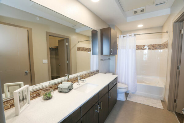 Forum Fitzsimons apartment bathroom with dark cabinets, light counters, large mirror, and tiled shower tub.