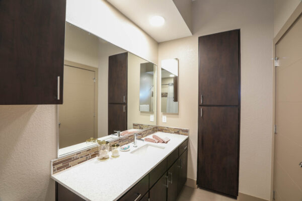 Forum Fitzsimons apartment bathroom with dark cabinets, light counters, large mirror, and overhead light.