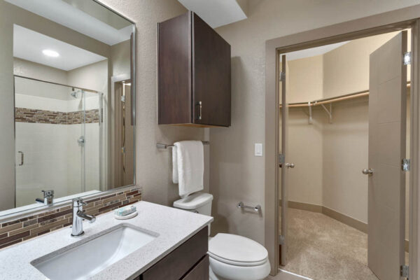 Forum Fitzsimons apartment bathroom with dark cabinets, light counters, large mirror, and closet door.