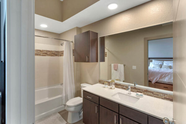 Forum Fitzsimons apartment bathroom with dark cabinets, light counters, large mirror, and tiled shower tub.