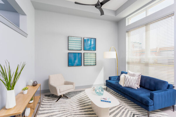 Forum Fitzsimons apartment living room with pattern rug, plush seating, framed art, and large window.
