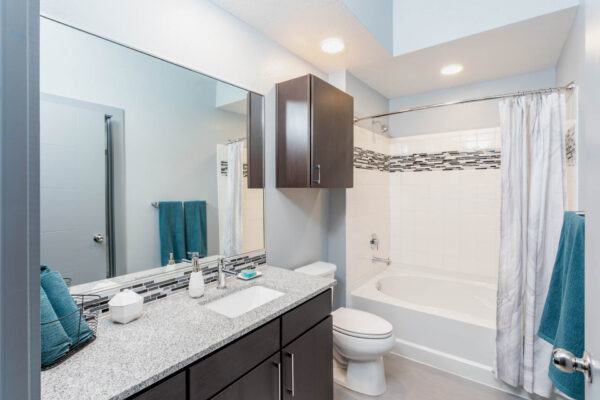 Forum Fitzsimons apartment bathroom with dark cabinets, light counters, large mirror, and tiled shower tub.