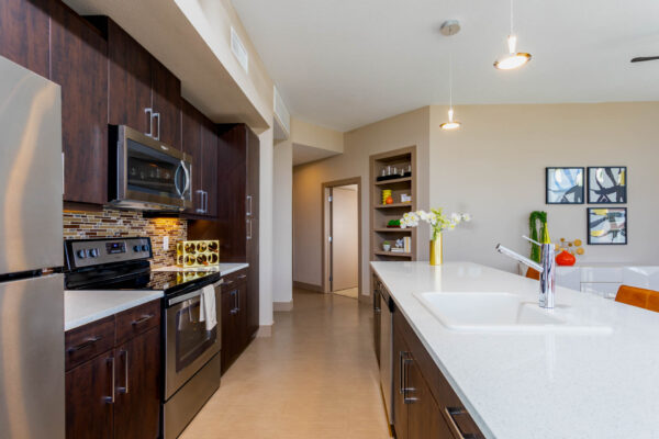 Forum Fitzsimons apartment kitchen with dark cabinets, light counters, stainless steel appliances, and pendant lights.