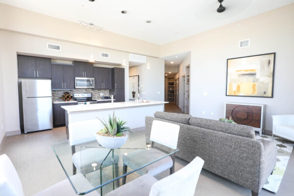 Forum Fitzsimons apartment living area with plush seating, elegant dining, and modern kitchen.