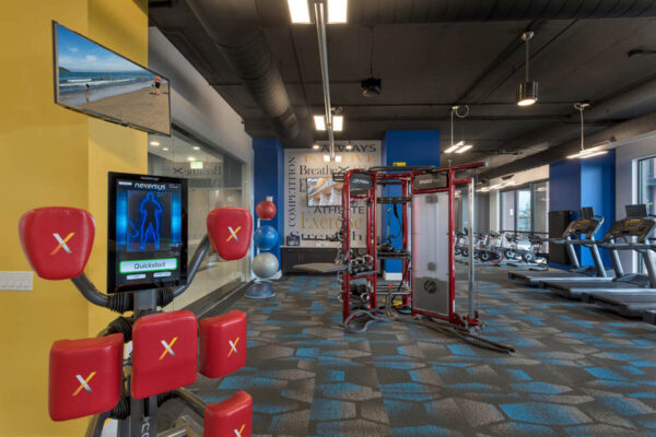 Forum Fitzsimons apartments fitness center with cardio machines and weight equipment.