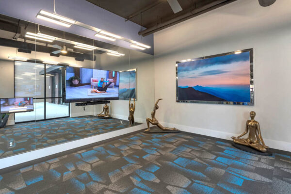 Forum Fitzsimons apartments fitness center with yoga room.