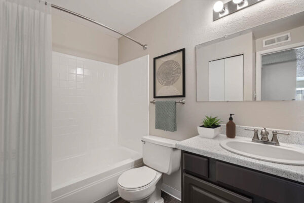 Heights on Huron apartments bathroom with large mirrors, black cabinets, white counters, and tiled shower tub.