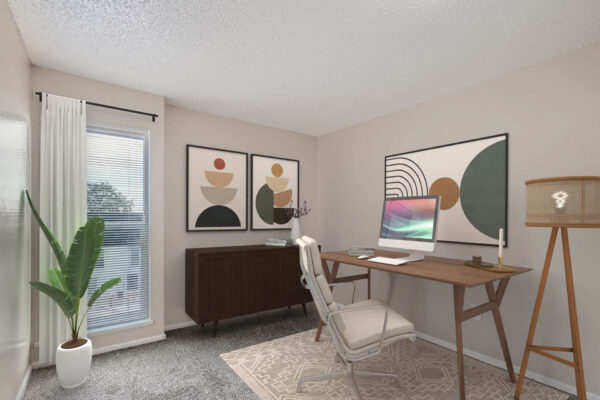 Heights on Huron apartments office with abstract artwork, large windows, and computer desk.