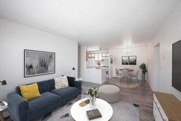 Mountain Village apartments living room with wood floors, plush modern seating, dining area and modern kitchen.