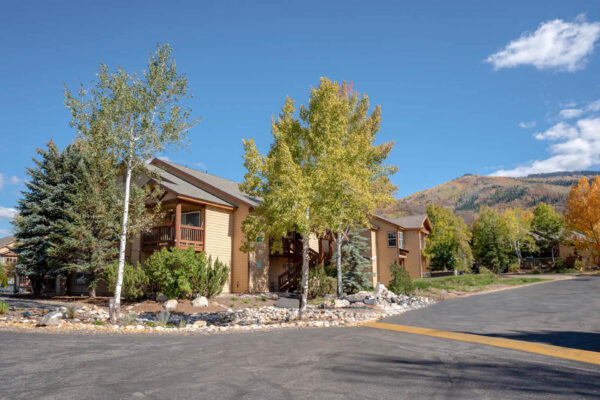 Mountain Village apartments exterior with mountain view and large trees.