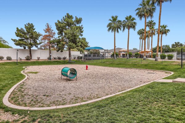 Pavilions at Arrowhead apartments dog park with agility toys and gravel play area.