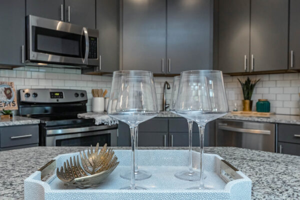 Residence at Old Hickory Lake apartments modern kitchen with dark wood style cabinets and wine glasses displayed.