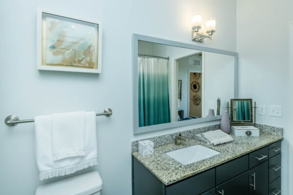 Residence at Old Hickory Lake apartments with dark style cabinets, wood style floor, and large mirror.