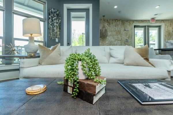 Residence at Old Hickory Lake apartments lounge area featuring plush couch, central coffee table and assorted decor displayed.