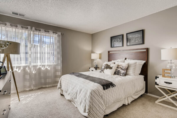 Sky at Bear Creek apartments bedroom with window and carpet flooring