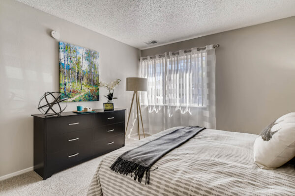 Sky at Bear Creek apartments bedroom with window and carpet flooring