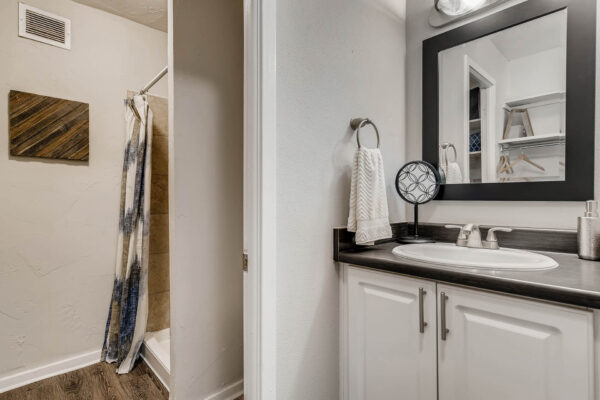 Sky at Bear Creek apartments bathroom with white cabinets