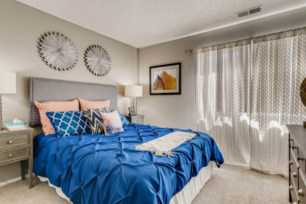 Sky at Bear Creek apartments bedroom with window and carpet flooring