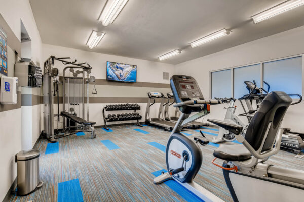 Sky at Bear Creek apartments fitness center with treadmills, weights, and various workout equipment