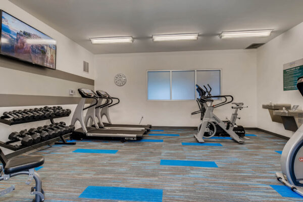 Sky at Bear Creek apartments fitness center with treadmills, weights, and various workout equipment