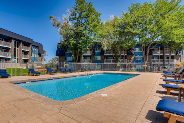 Sky at Bear Creek apartments pool lounge with lounge chairs, trees, and balconies