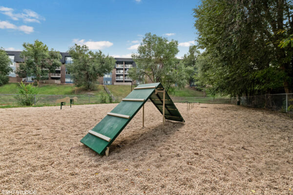 Sky at Bear Creek apartments bark park with bench and agility equipment