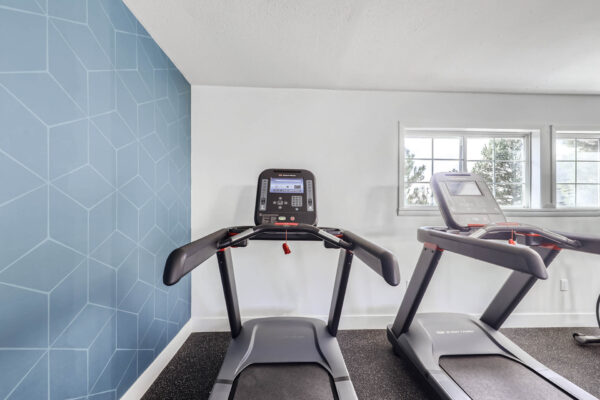 Sunset Peak apartments indoor fitness center featuring two treadmills next to windows