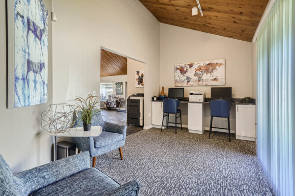 Sunset Peak apartments indoor community space with lounge area and two work spaces with computers