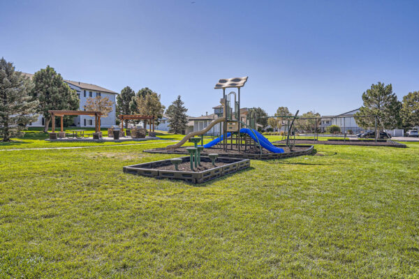 Sunset Peak apartments grassy outdoor area with a playground featuring green swings, a slide, and climbing structures.