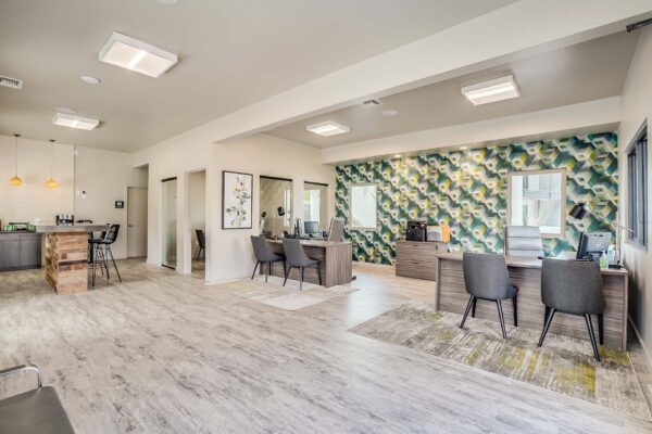 Tempe Vista apartments lobby with leasing center and community kitchen.
