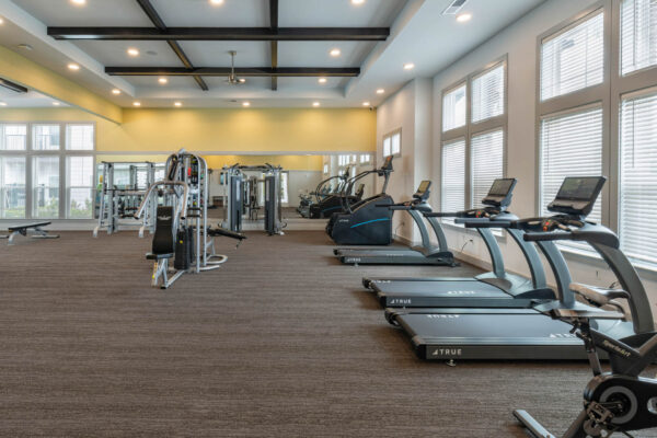 The Avery apartments fitness center with cardio machines and weight equipment.