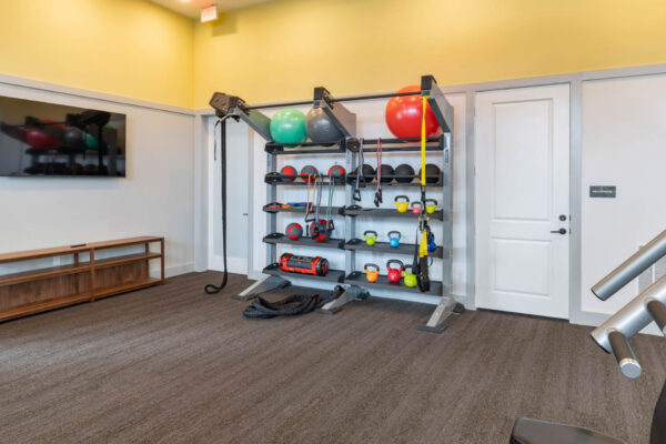 The Avery apartments fitness center with weight equipment and TV.