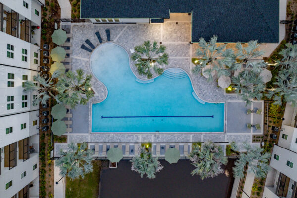 The Avery apartments pool area with lounge chairs, umbrellas, and palm trees.