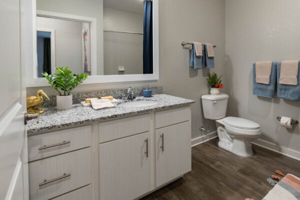 The Avery apartment bathroom with wood style floor, white cabinets, stone counters, and large mirror.
