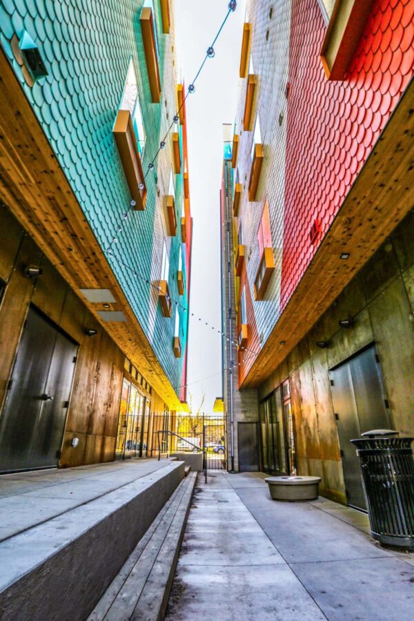 The Economist apartments with modern construction and colorful architecture.