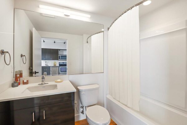 The Economist apartment bathroom with dark cabinets, light counters, and shower tub.
