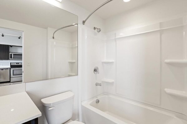 The Economist apartment bathroom with large mirror and shower tub.