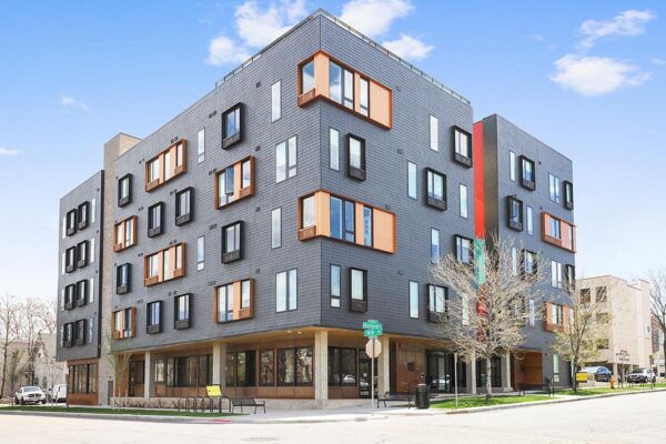 The Economist apartments with modern architecture and colorful construction.