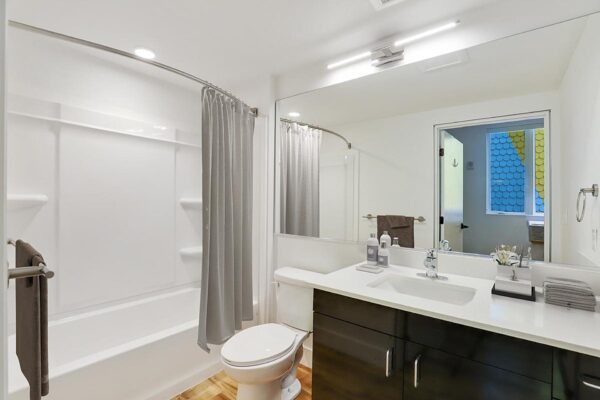 The Economist apartment bathroom with wood style floor, dark cabinets, light counters, and large mirror.