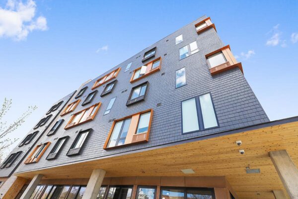 The Economist apartments with modern architecture and colorful construction.