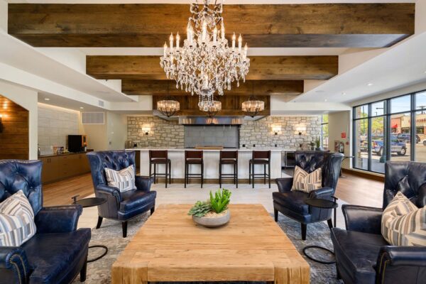 The Locale apartments clubroom with plush seating, elegant wood decor, and bright chandelier.
