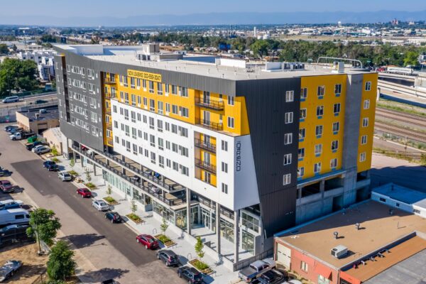 The Overland apartments with colorful construction and ample parking.