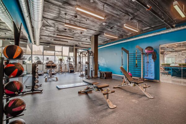 The Overland apartments fitness center with cardio machines and weight equipment.