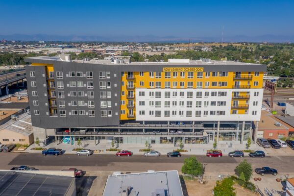 The Overland apartments with colorful modern construction and ample parking.