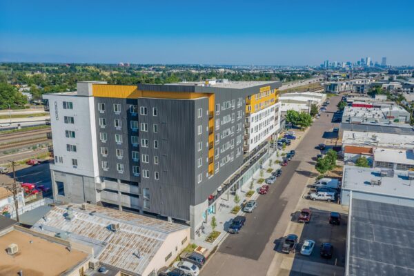 The Overland apartments with colorful modern construction and ample parking.